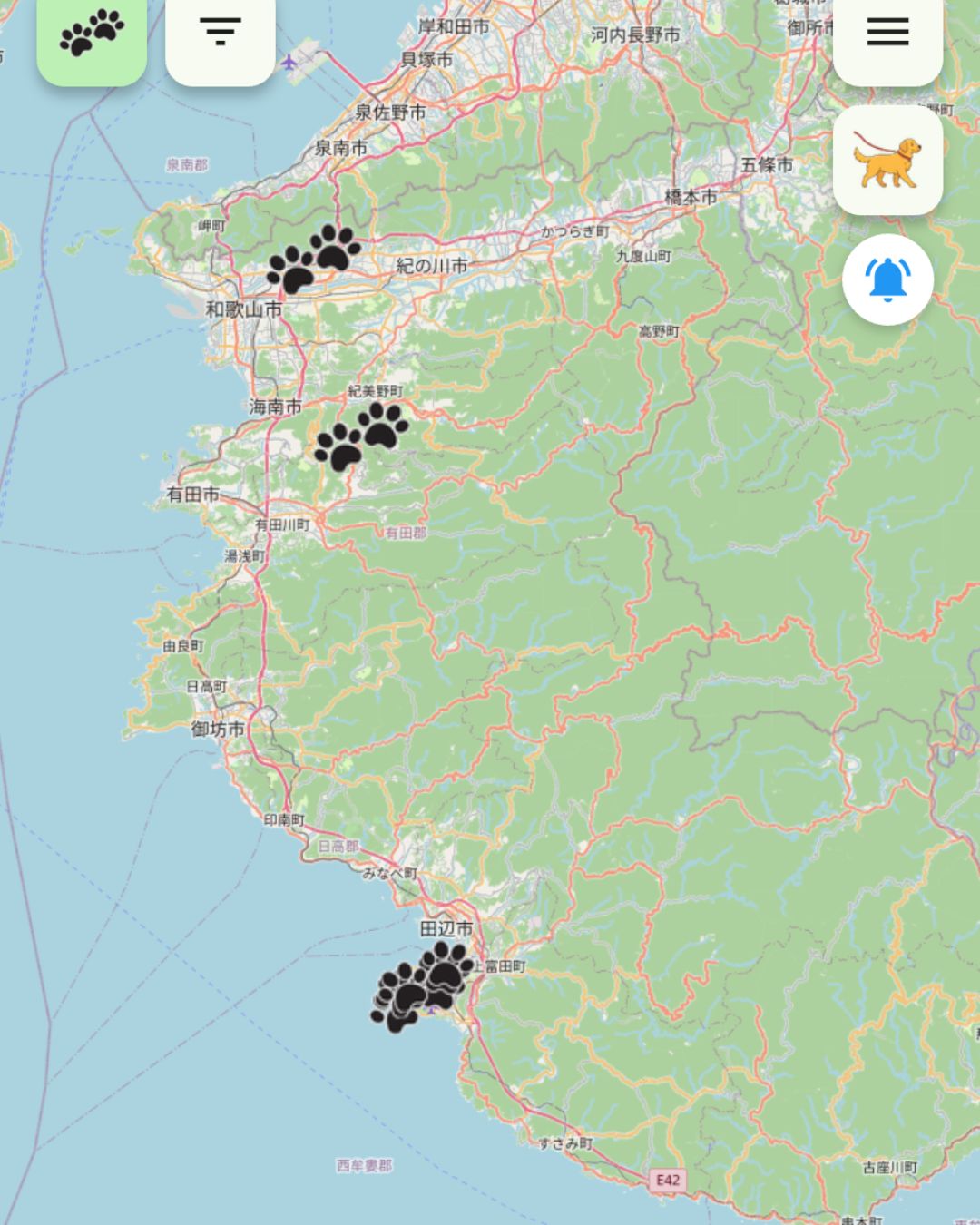 足跡マップの画面例（地図上の足跡表示）